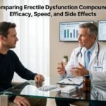 Realistic doctor consultation about Erectile Dysfunction Compounds, showing a male patient speaking with a physician in a modern clinic while charts compare efficacy, speed, and side effects of ED medications on screens in the background.
