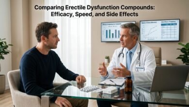 Realistic doctor consultation about Erectile Dysfunction Compounds, showing a male patient speaking with a physician in a modern clinic while charts compare efficacy, speed, and side effects of ED medications on screens in the background.