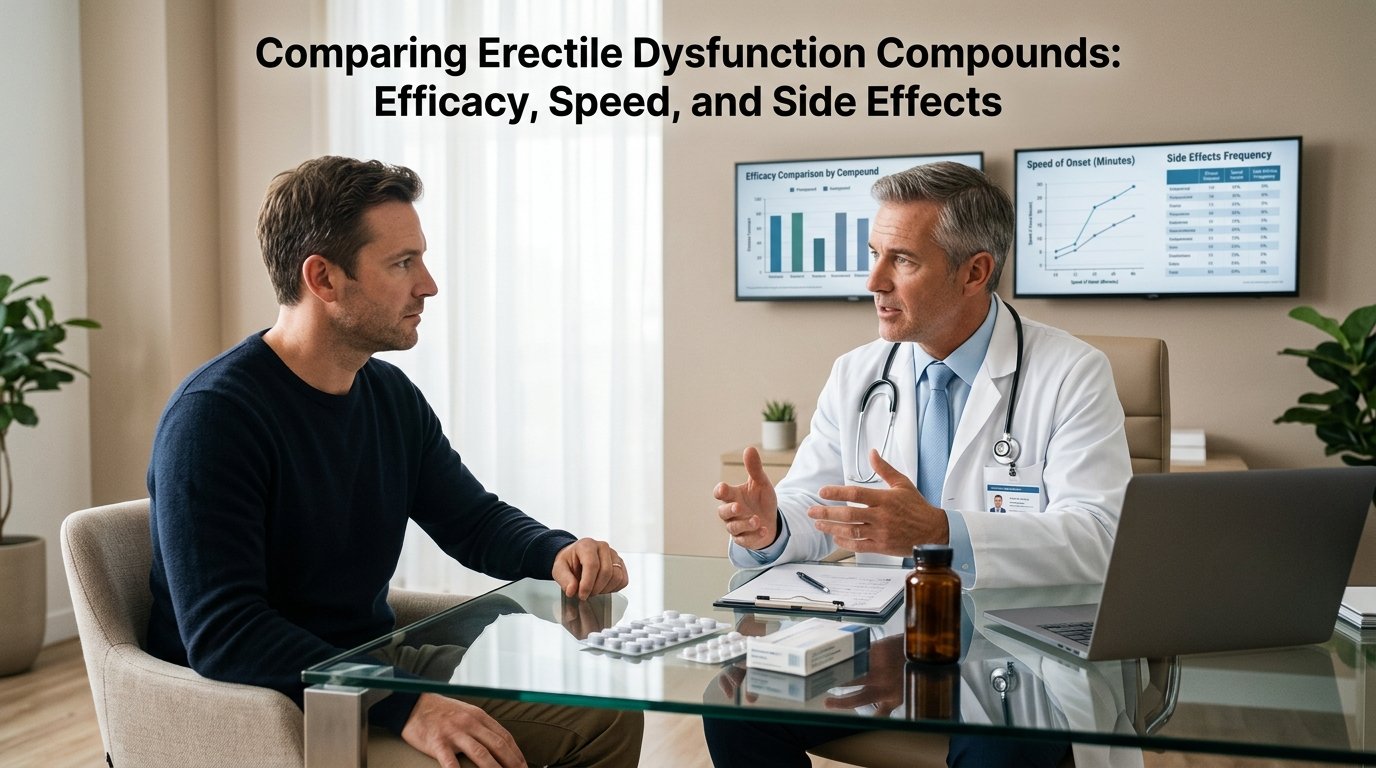 Realistic doctor consultation about Erectile Dysfunction Compounds, showing a male patient speaking with a physician in a modern clinic while charts compare efficacy, speed, and side effects of ED medications on screens in the background.
