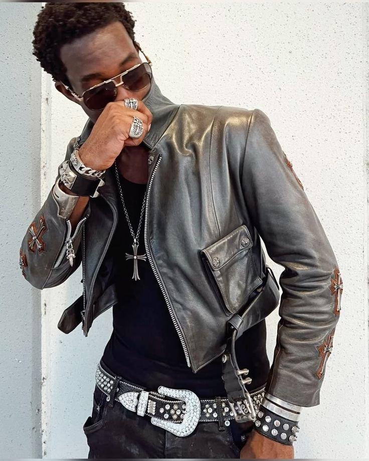 Chrome Hearts Leather Jacket and Silver Jewelry Streetwear Style