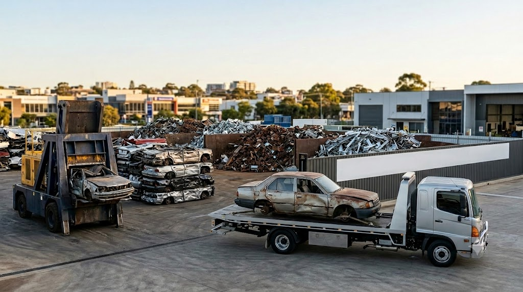 An overhead view of a clean, professional automotive recycling facility in Sydney. In the foreground, a silver flatbed tow truck carries a damaged, old sedan, while a heavy machinery car crusher on the left handles a scrap vehicle. In the background, organized piles of crushed car bodies and recycled metal scrap are stacked near industrial buildings under a clear sky.