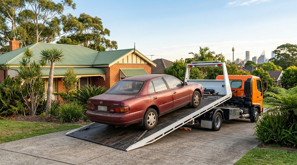 An orange flatbed tow truck loading an old maroon car from a suburban driveway, with the Sydney city skyline visible in the background.