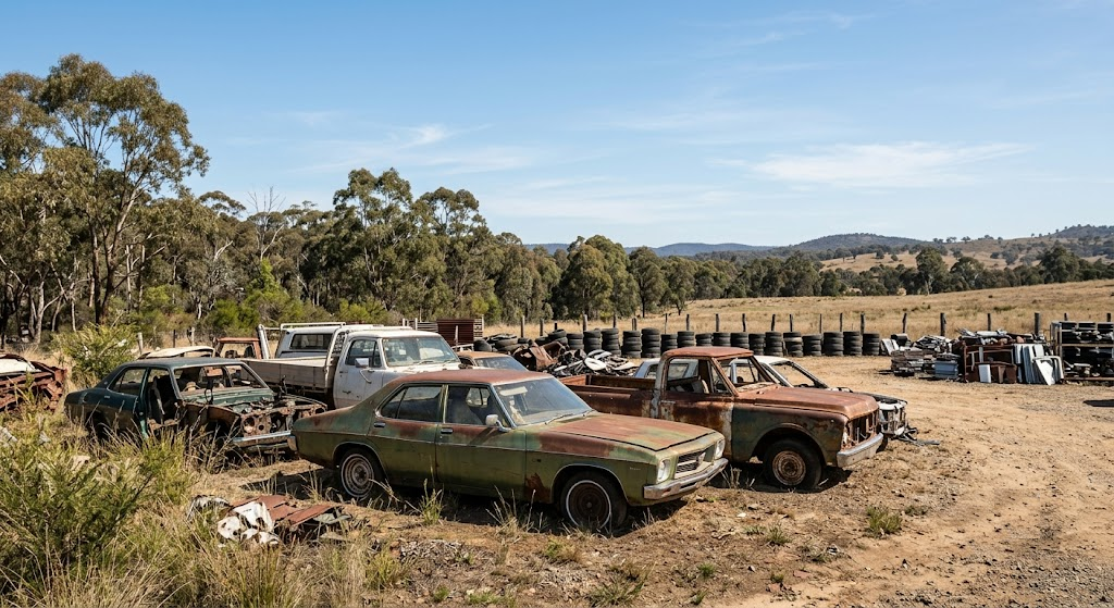 Abandoned junk cars, old utility trucks, and rusted vehicles sitting in a rural New South Wales scrap yard surrounded by eucalyptus trees under a clear blue sky, illustrating responsible vehicle recycling and salvage options in NSW.