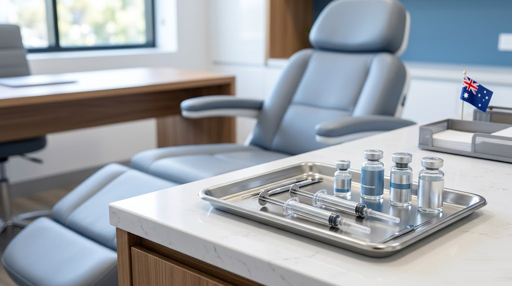 A sterile stainless steel medical tray containing syringes and glass vials sits on a white counter next to a small Australian flag, with a modern medical examination chair in the background.
