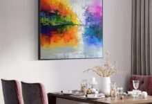 Contemporary Paintings Pakistan featuring a vibrant abstract artwork with bold colors displayed in a modern dining room interior for elegant home décor.
