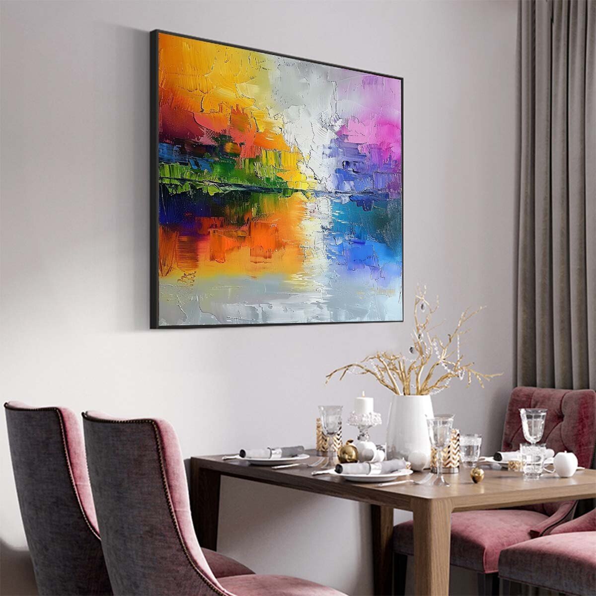 Contemporary Paintings Pakistan featuring a vibrant abstract artwork with bold colors displayed in a modern dining room interior for elegant home décor.