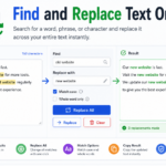 Find and Replace text tool showing original text, search phrase, replacement text, and updated result